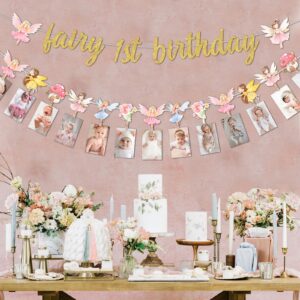 My Fairy First Birthday Decorations - Fairy 1st Birthday Glitter Banner and Monthly Photo Banner, Fairy One Year Old Birthday Decorations for Girl, Floral Fairy 1st Birthday Party Supplies