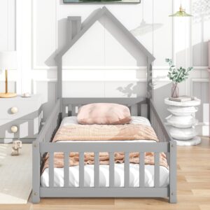 LostCat Twin Size Floor Bed Frame with Fence & Door, Montessori Floor Bed with House-Shaped Headboard, Montessori Bed for Kids Boys Girls, Easy Assembly, Grey