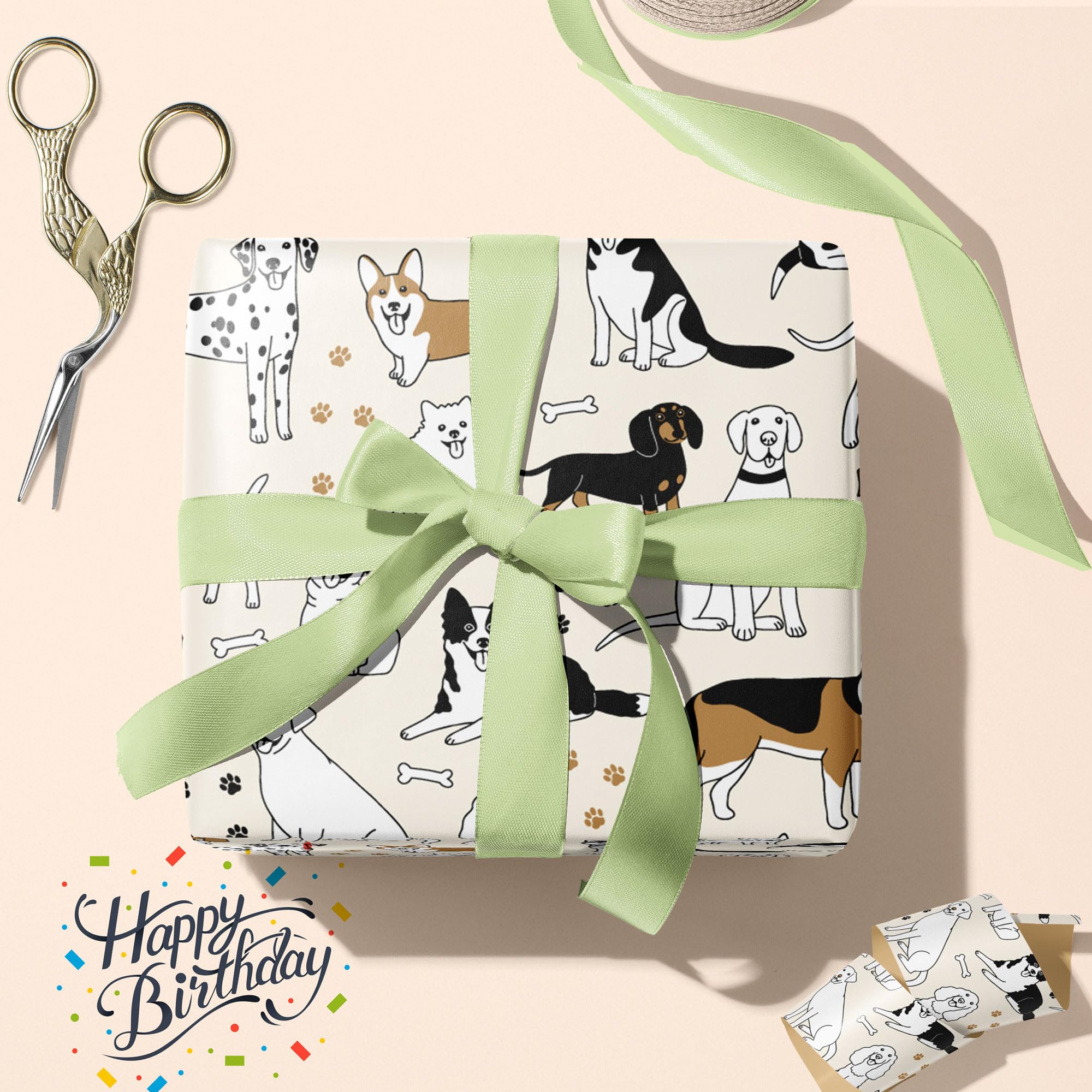 ZINTBIAL Dog Wrapping Paper for Birthday Baby Shower - Paw Print White & Black Puppys Gift Paper for Men Women Kids - 20 x 29 Inches, 6 Folded Sheets, Easy to Store…