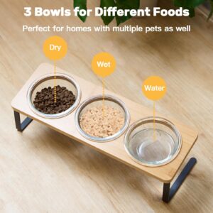 Lawfery Elevated Cat Bowls, 15° Tilted Cat Food Bowl, Includes 3 Glass Cat Bowls, Bamboo Board, and Metal Stand for Cats and Puppies