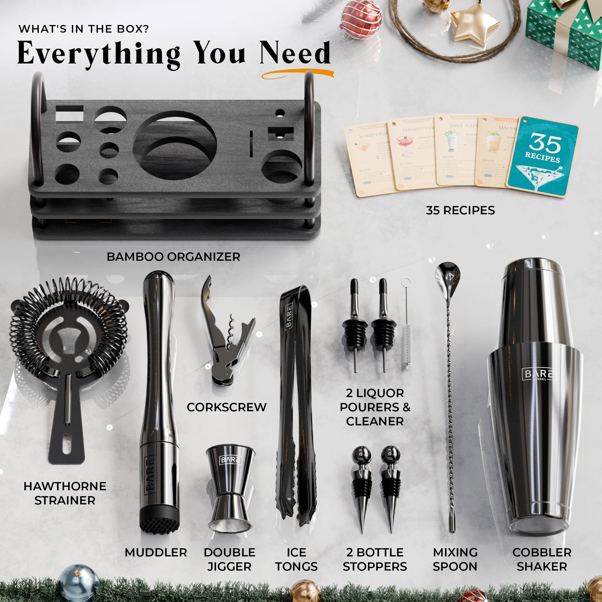 BARE BARREL® Mixology Bartender Kit Bar Set | 14-Piece Cocktail Shaker Set | Martini Barware Mixing Tools for Home Bartending | 35 Recipe Cards | Gift Set (28oz Boston Shaker, Jet Black/Black)