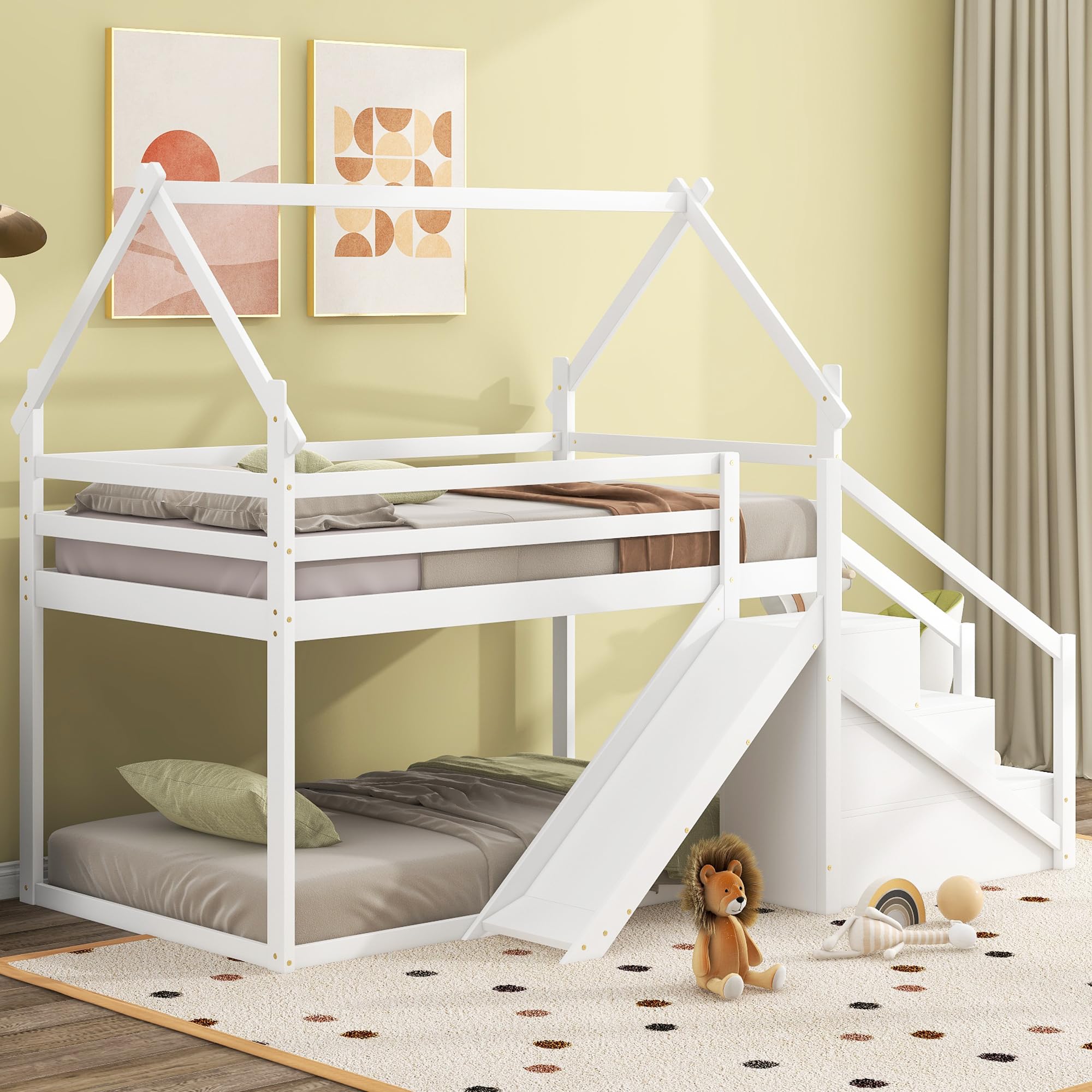 BestLM Twin Over Twin Wood House Bunk Bed with Slide and Storage Staircase, Twin Size House Loft Bed Frame with Roof and Safety Guardrails for Boys and Girls, White