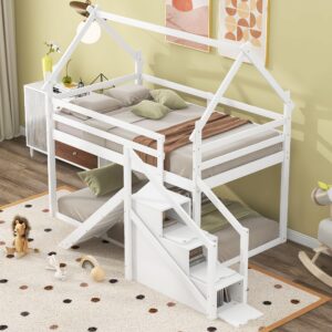 BestLM Twin Over Twin Wood House Bunk Bed with Slide and Storage Staircase, Twin Size House Loft Bed Frame with Roof and Safety Guardrails for Boys and Girls, White