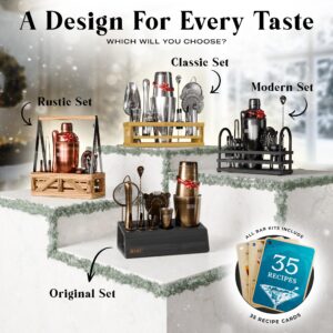 BARE BARREL® Mixology Bartender Kit Bar Set | 14-Piece Cocktail Shaker Set | Martini Barware Mixing Tools for Home Bartending | 35 Recipe Cards | Gift Set (28oz Boston Shaker, Jet Black/Black)