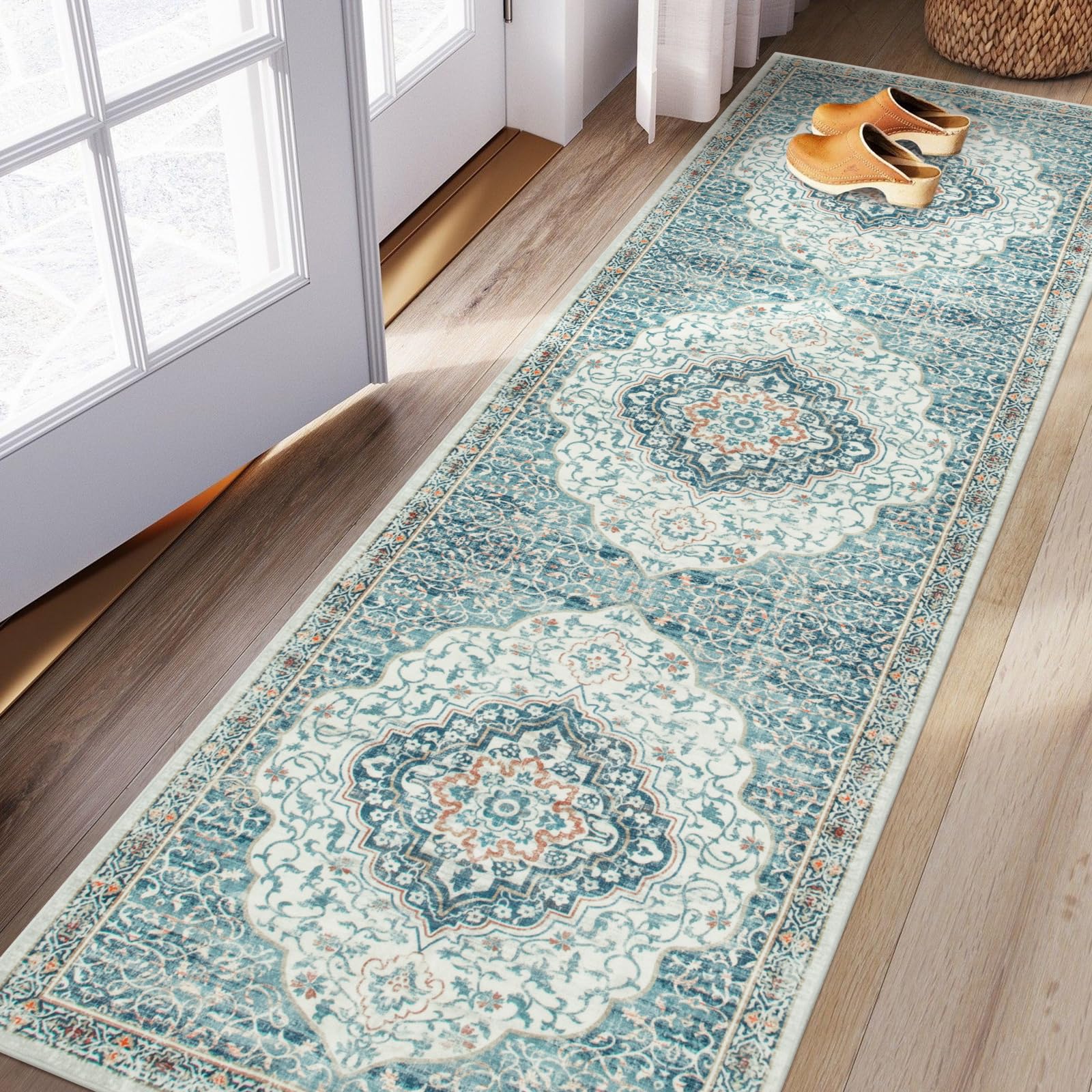 Beeiva Oriental Long Hallway Runner Rug Washable, 2.5x8 Low Pile Carpet Runner Rug Non Slip, Blue Rug with Rubber Backing Kitchen Runner Rug for Bedroom Entryway Laundry Room