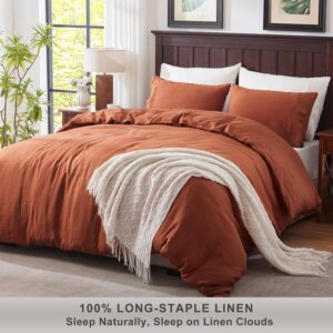 TOSMO Linen Duvet Cover Set, 100% French Flax Natural Linen Bedding 3pcs Set, Soft Breathable for Hot Sleepers 1 Duvet Cover and 2 Pillowcases (Terracotta, Queen)