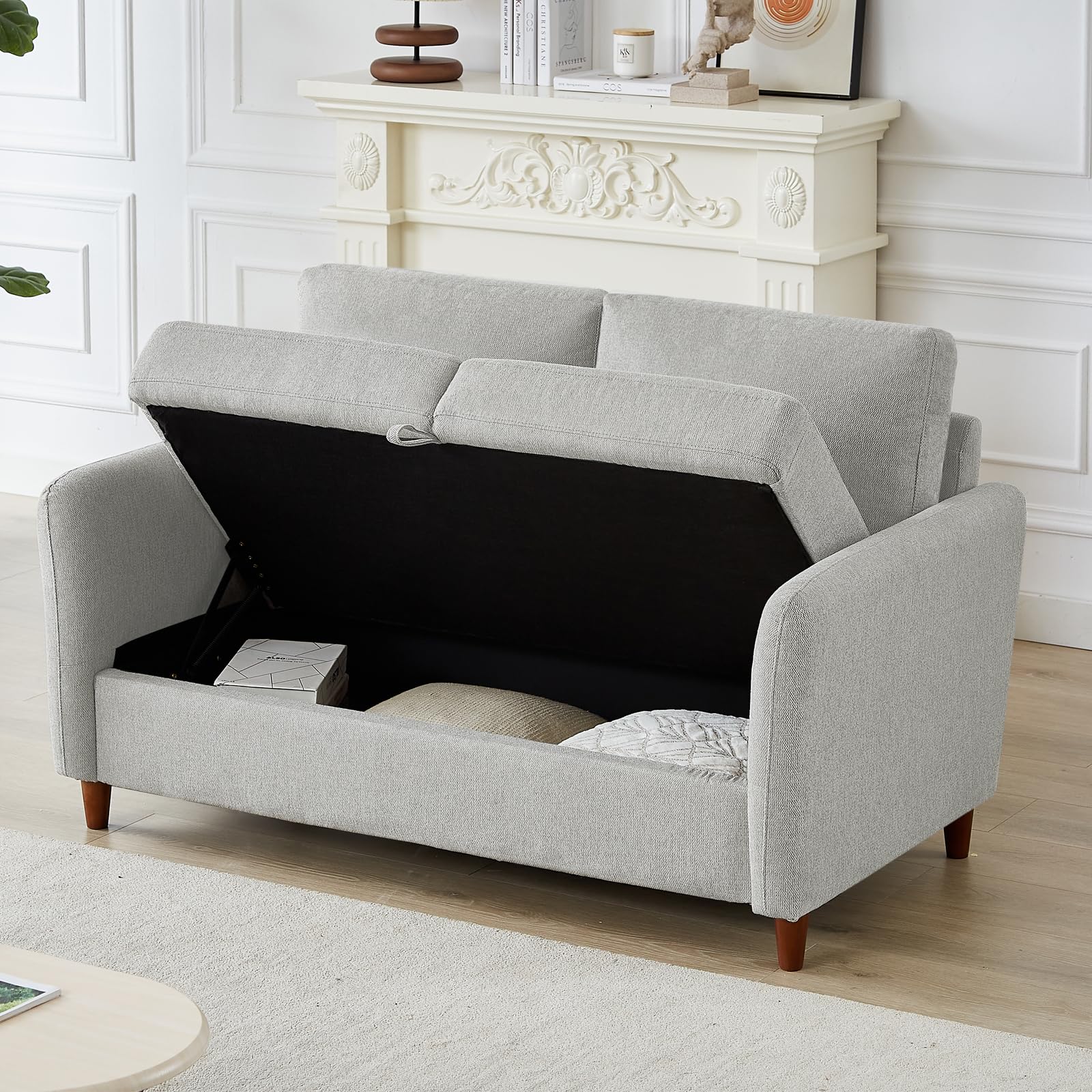 HOLYFIND Modern Loveseat Sofa Couch with Storage,Upholstered Small Couch,Mini Couch Furniture for Bedroom, Apartment, Office and Small Spaces(Light Gray, 56.5''-2seat)