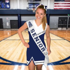 Cheer Captain Gifts - Navy Blue with Silver Sparkle Outline Cheer Captain Senior White Premium Grade Satin Sash - High School Cheerleader Supplies - White Sash (Cheer Capt) NVY w/SLV