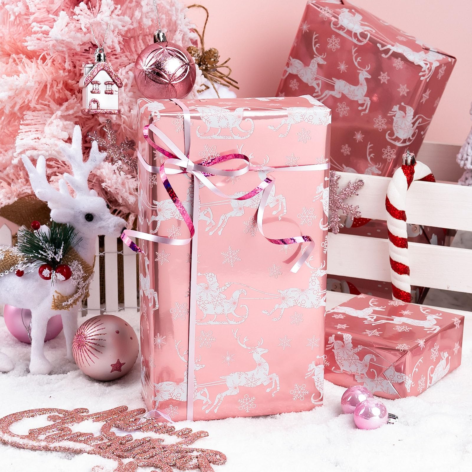 Homeral Pink Christmas Wrapping Paper Roll-46.8 sq.ft. (17in x 33ft) Pink Santa, Sleigh, Reindeer, Snowflake with Metallic Shine for Christmas, New Year Celebration, Party