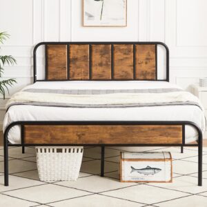 vecelo queen bed frame metal platform with wooden headboard & footboard mattress foundation strong metal slats support no box spring replacement/easy assemble