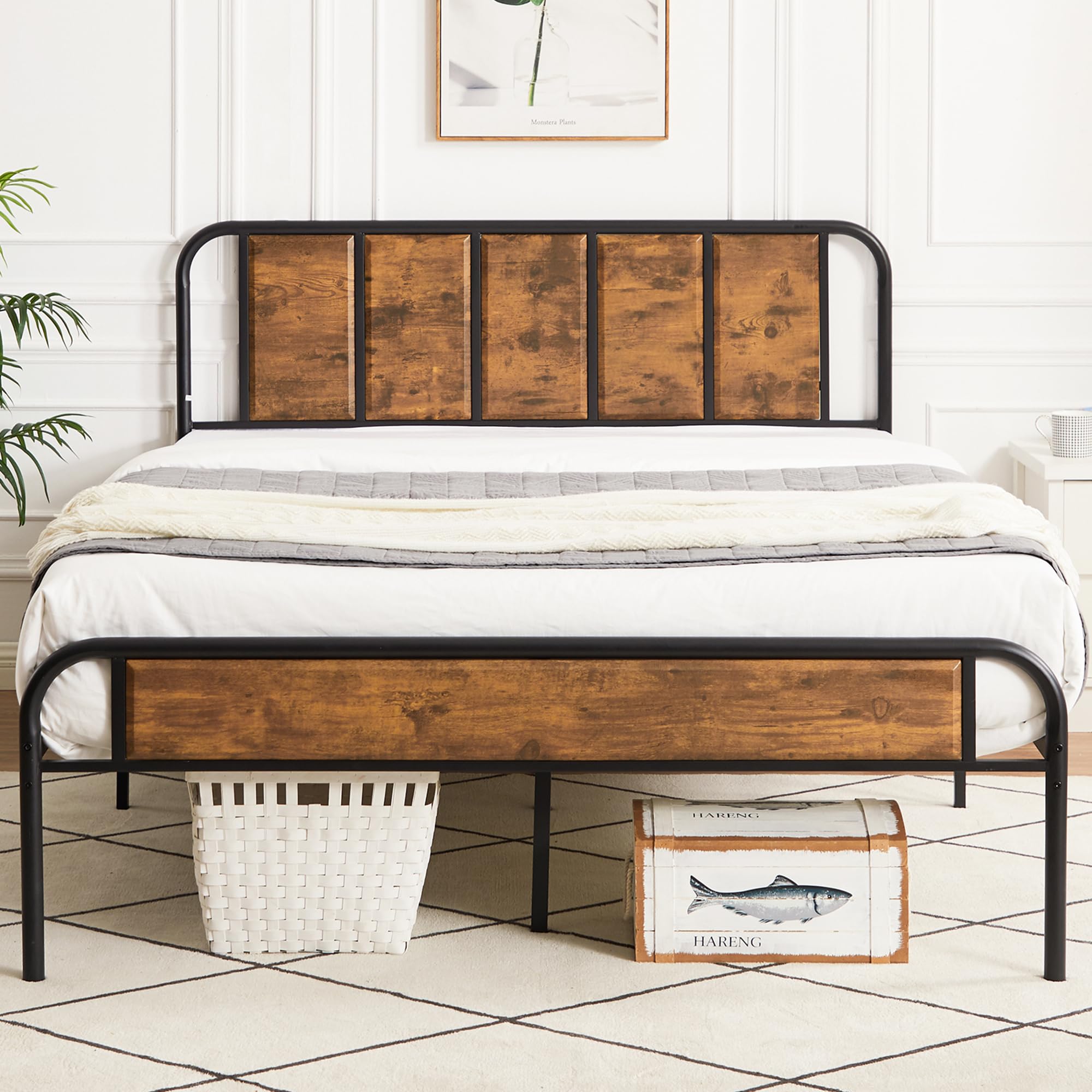 VECELO Queen Bed Frame Metal Platform with Wooden Headboard & Footboard Mattress Foundation Strong Metal Slats Support No Box Spring Replacement/Easy Assemble