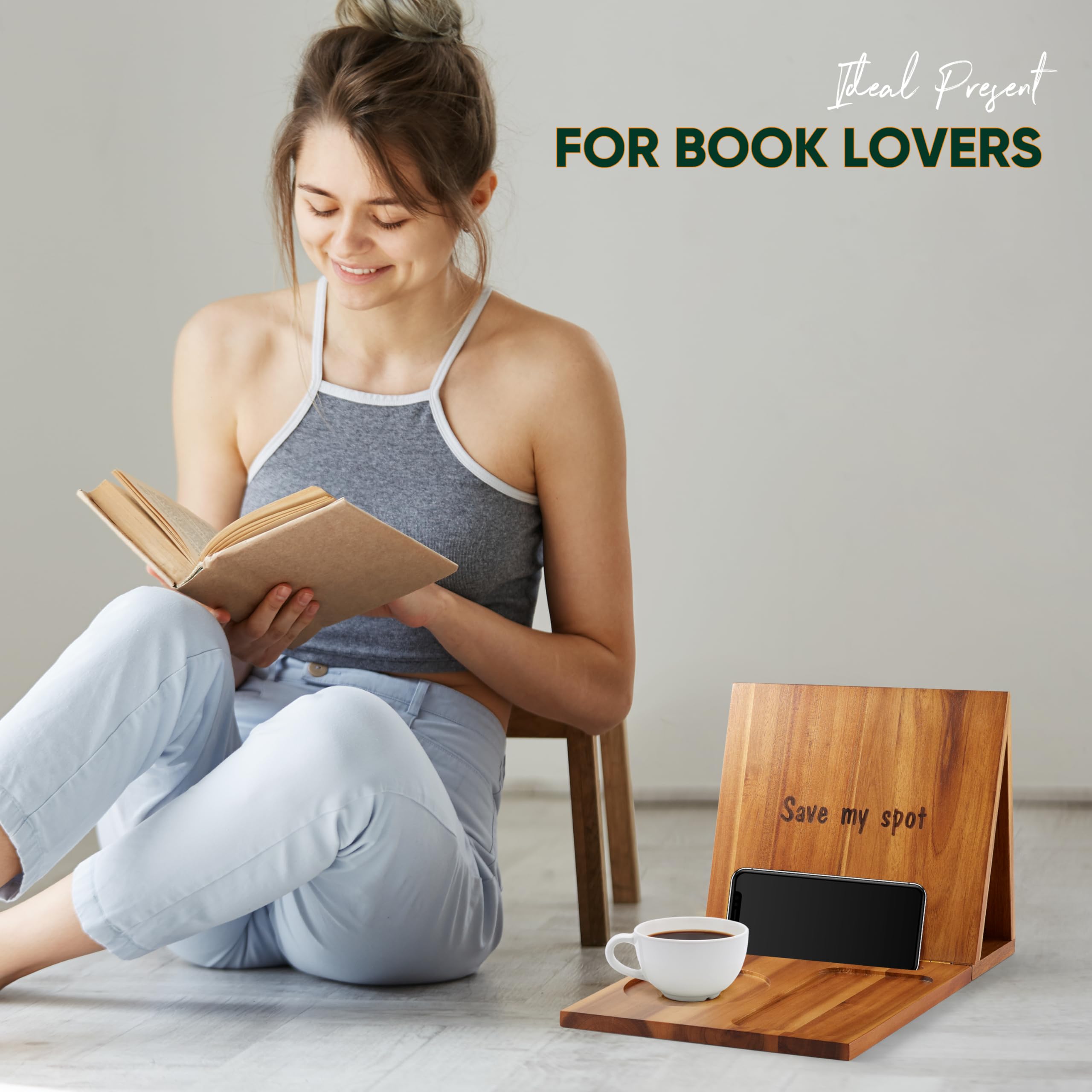 NAGAWOOD Triangle Book Holder, Book Rest, Acacia Foldable Book Nook Reading Valet, Triangle Book Stand with Cup, Pen, Glasses and Phone Holder for Bedroom, Nightstand or Office, Gifts for Book Lover