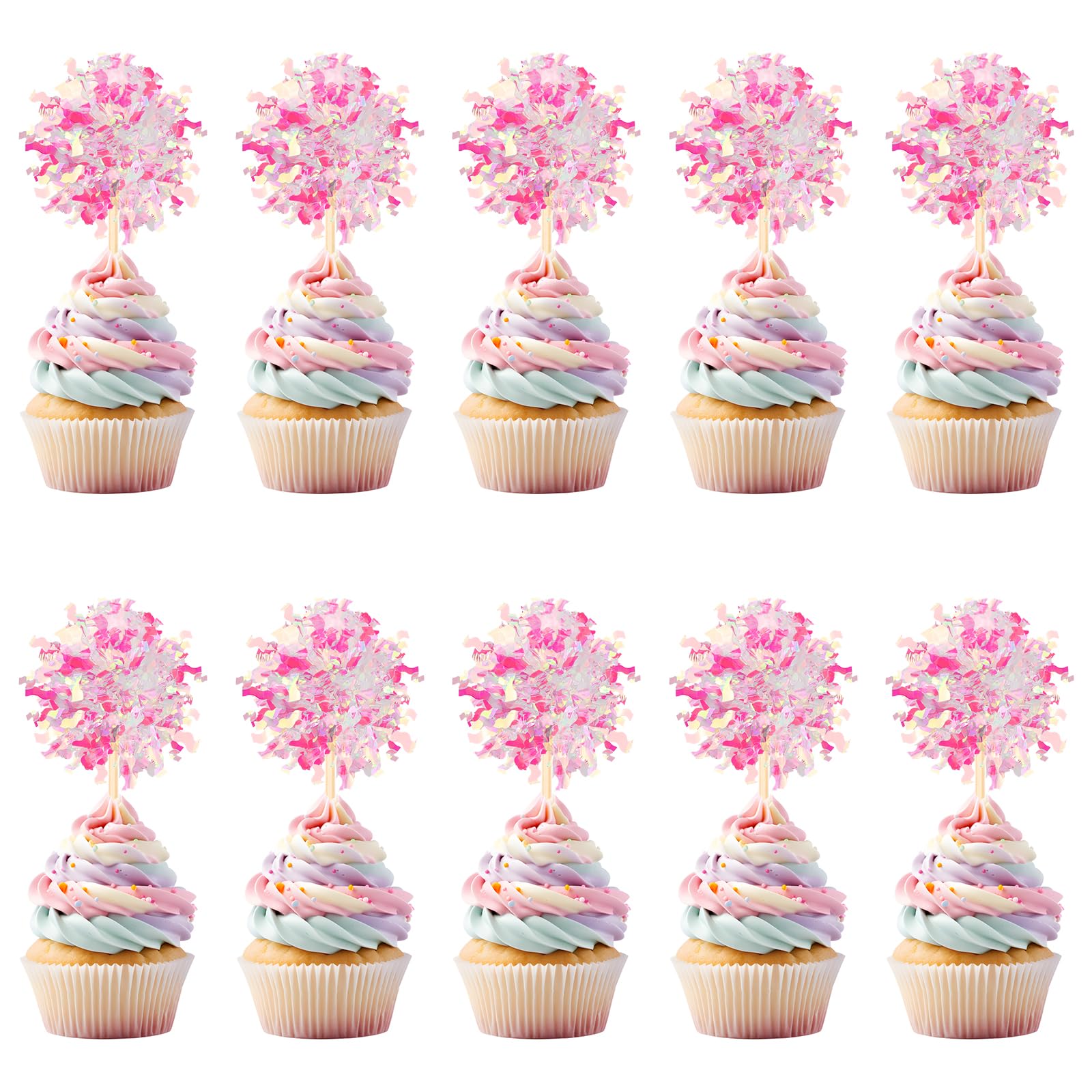 Firework Cupcake Toppers, 10 Pcs Foil Firework Birthday Cupcake Decoration Sparkle Firework Cake Topper Birthday Cupcake Topper for Graduation New Year Party Decorations (Pink)