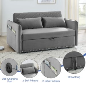 3-in-1 Sleeper USB Port Adjustable Velvet Convertible Sofa with Pull Out Bed, 2 Pillows & Side Pocket – Ideal for Living Room and Bedroom, Grey