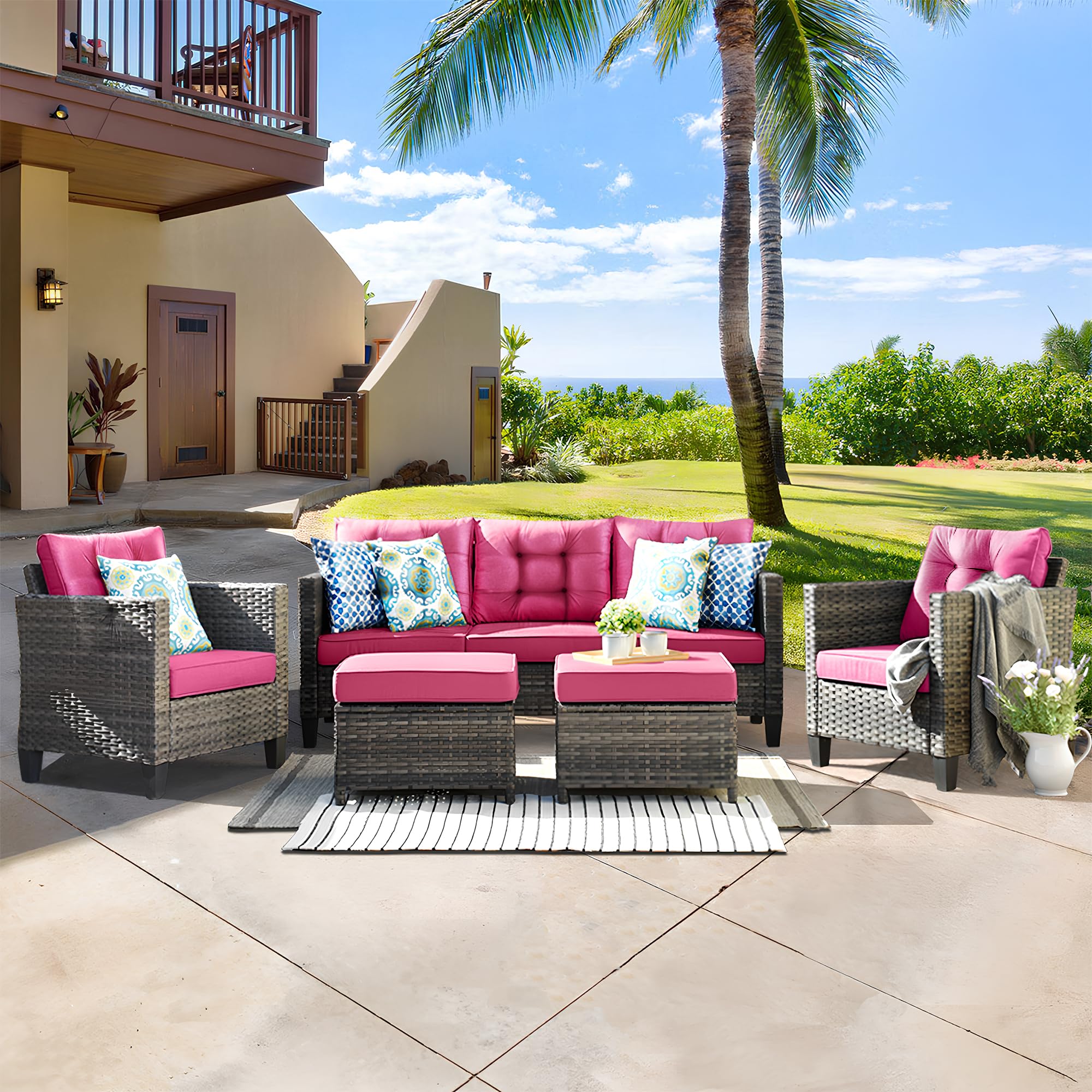 CAYIP Deep Seat Cushions for outdoor furniture,Extra Thick Seat:24"x24"x4",Tufted Low Back 22"x24"x6", Double Piping Removable Patio Chair Cushions with Ties, Fade Resistant,Pink