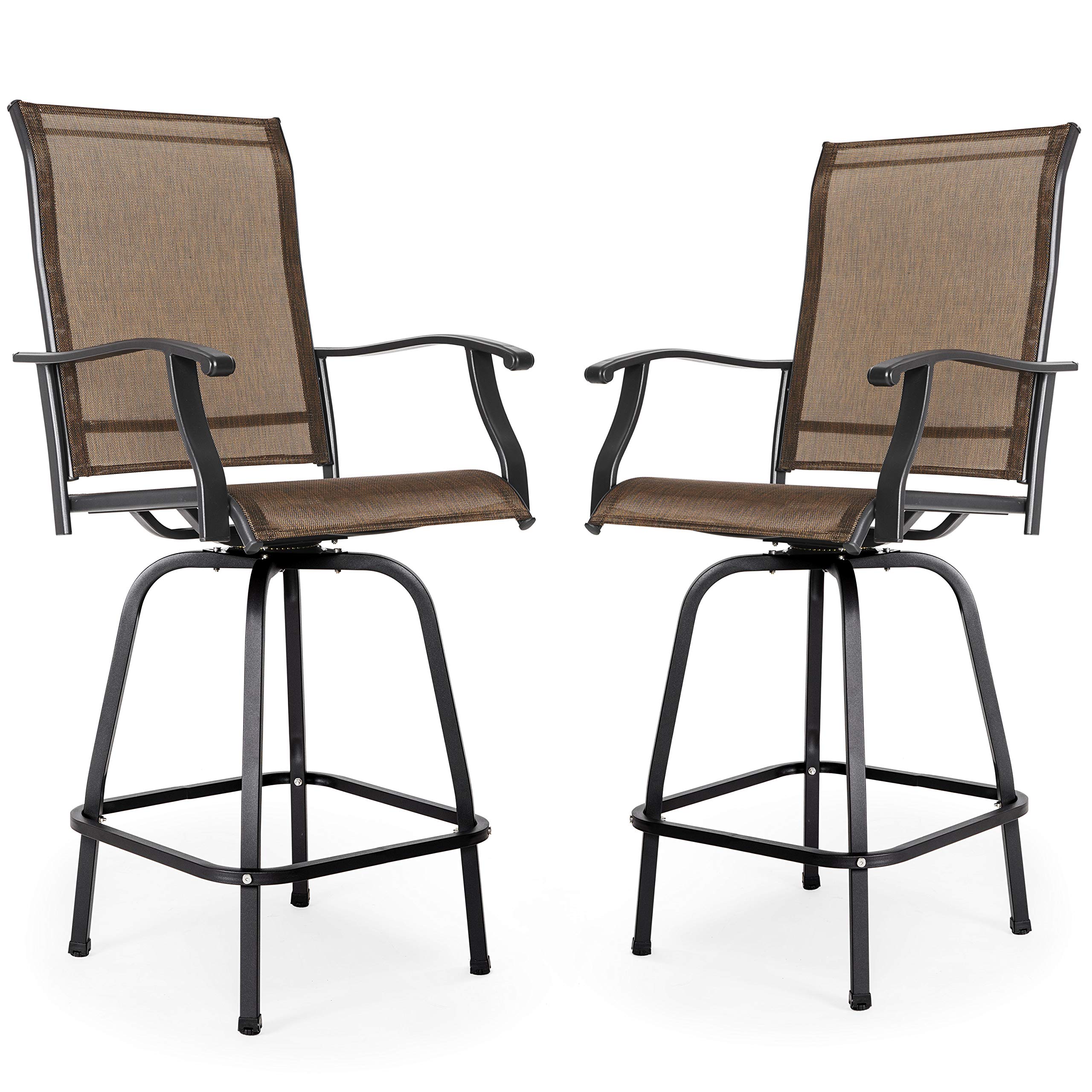 NUU GARDEN Outdoor Patio Swivel Bar Stools with Backrest, Set of 2 Swivel Bar Stools, 360 Degree Swivel Patio Bar Height Outdoor Chairs, Black&Brown