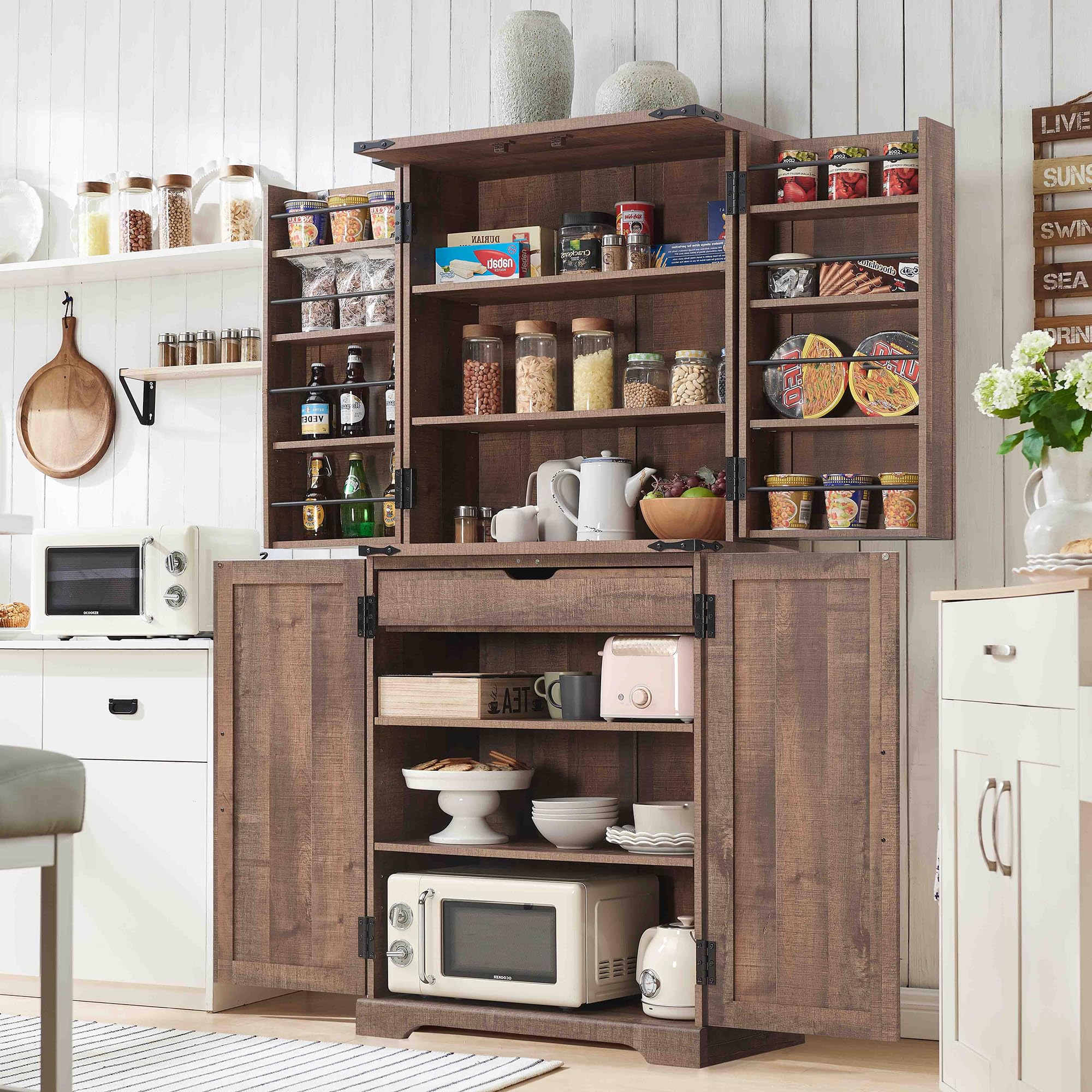 ACCOHOHO 72" Tall Kitchen Pantry, Farmhouse Storage Cabinet with Barn Doors, Organizer, Drawer and Adjustable Shelves, Rustic Wood Cupboard for Kitchen, Dining Room, Bathroom, Rustic Brown