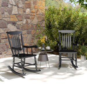 Outsunny Outdoor Wood Rocking Chairs Set of 2, 350 lbs. Porch Rockers with High Back for Garden, Patio, Balcony, Black