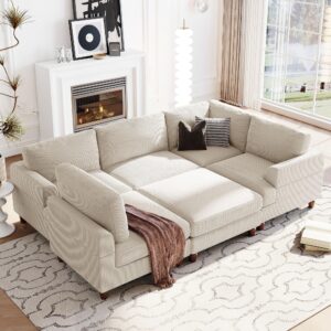 hanstrong modular sectional sofa couch convertible l shaped corner sofa upholstered couch with ottoman for living room apartment office, beige