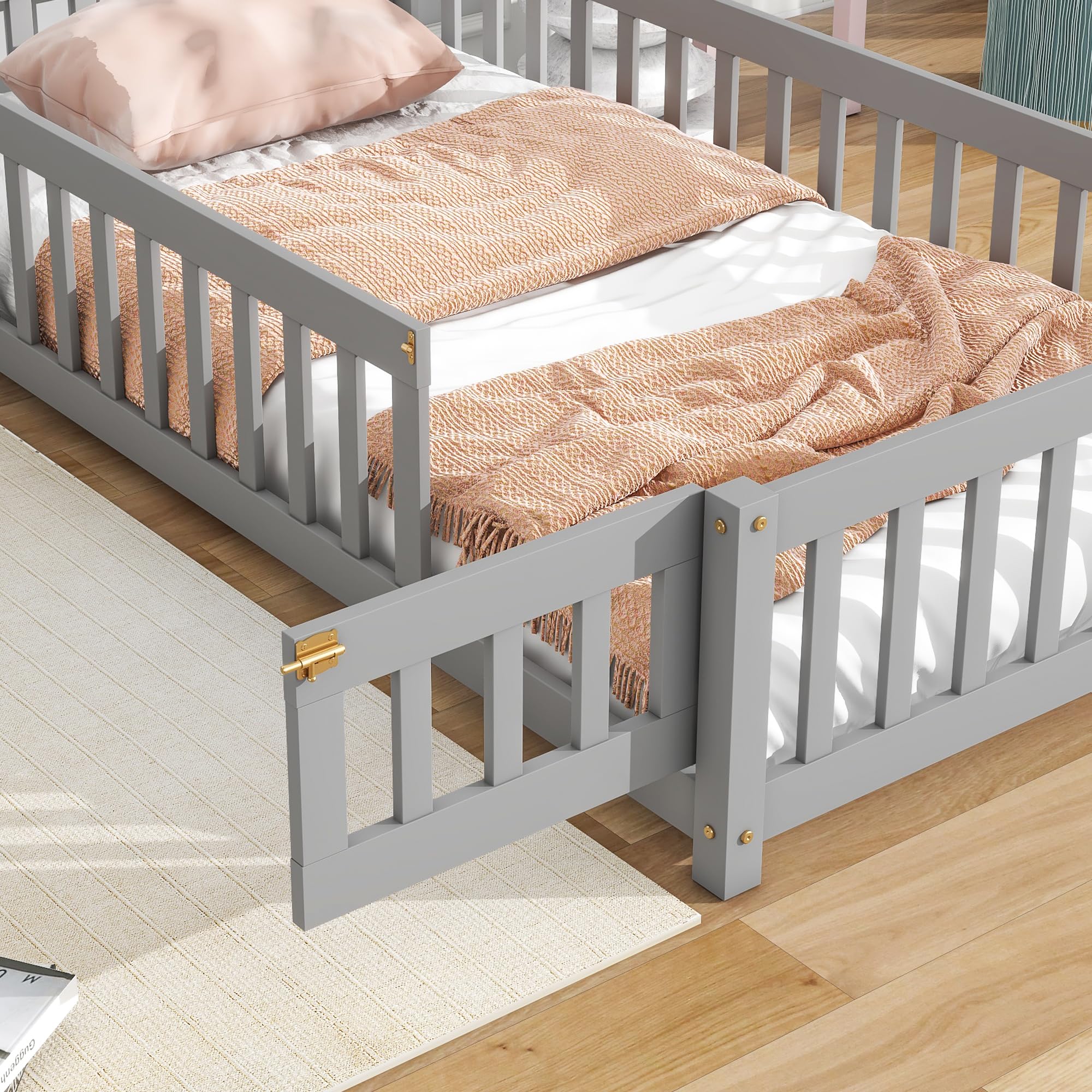 LostCat Twin Size Floor Bed Frame with Fence & Door, Montessori Floor Bed with House-Shaped Headboard, Montessori Bed for Kids Boys Girls, Easy Assembly, Grey