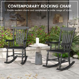 Outsunny Outdoor Wood Rocking Chairs Set of 2, 350 lbs. Porch Rockers with High Back for Garden, Patio, Balcony, Black