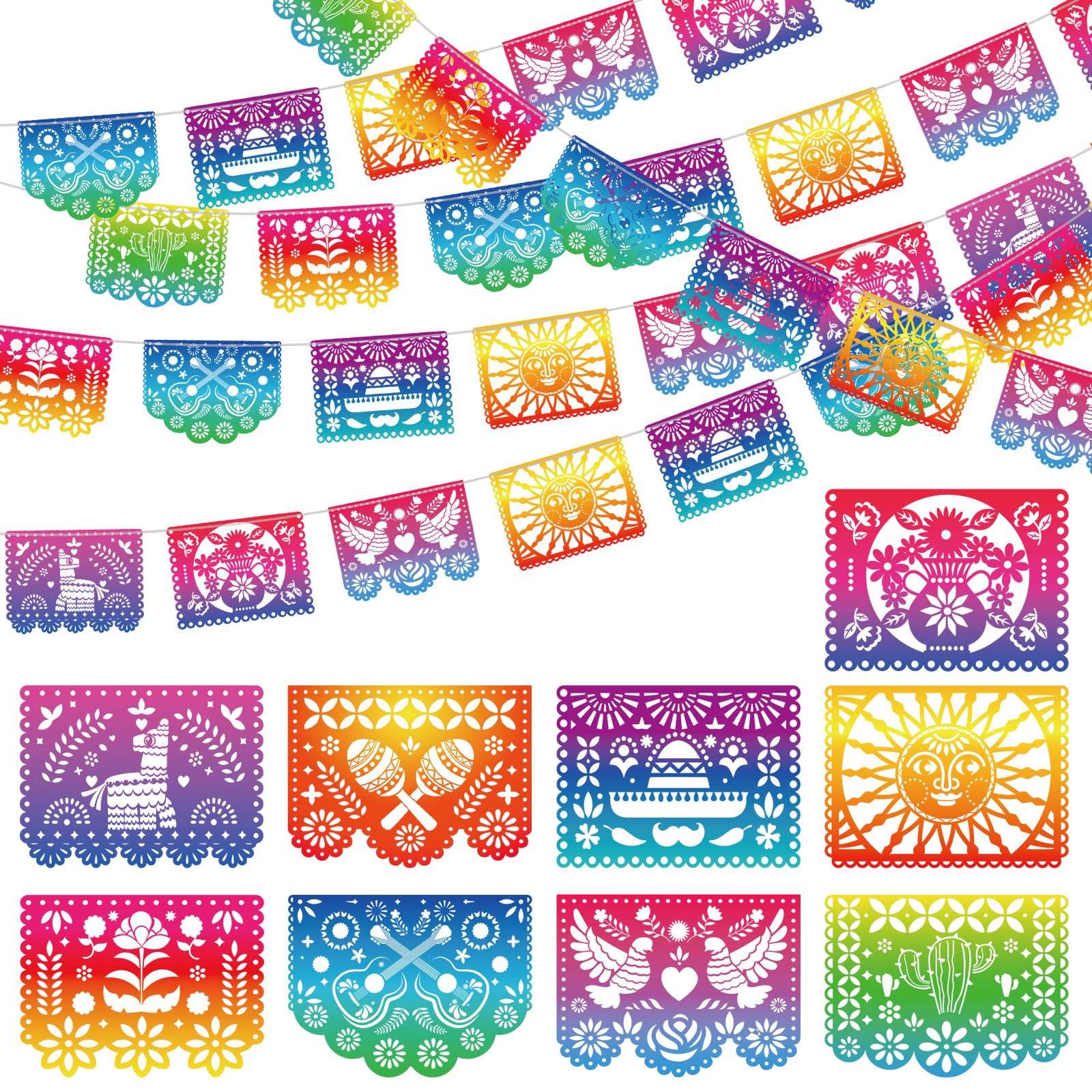 Qpout 5 Packs Mexican Party Banners Iridescent Plastic Papel Picado Banner Cinco de Mayo Decor Fiesta Garland for Dia De Los Muertos Decor,Fiesta Birthday Baby Shower Party Decorations Flags