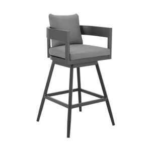 menorca outdoor patio swivel bar stool in aluminum with gray cushions