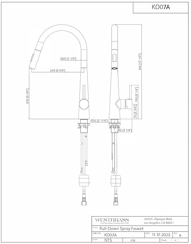 Westbrass KD07A-62 17" Single Handle Kitchen Faucet with Adjustable Pull Down Sprayer, Matte Black