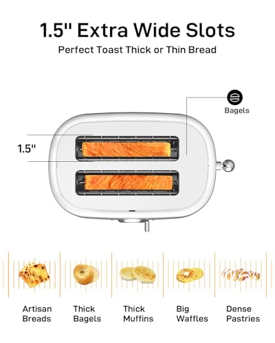 2 Slice Toaster with Extra Wide Slots & Removable Crumb Tray - 6 Browning Options, Auto Shut Off & Frozen Function, Toast Fruit Bread, Bagel & Waffle, White