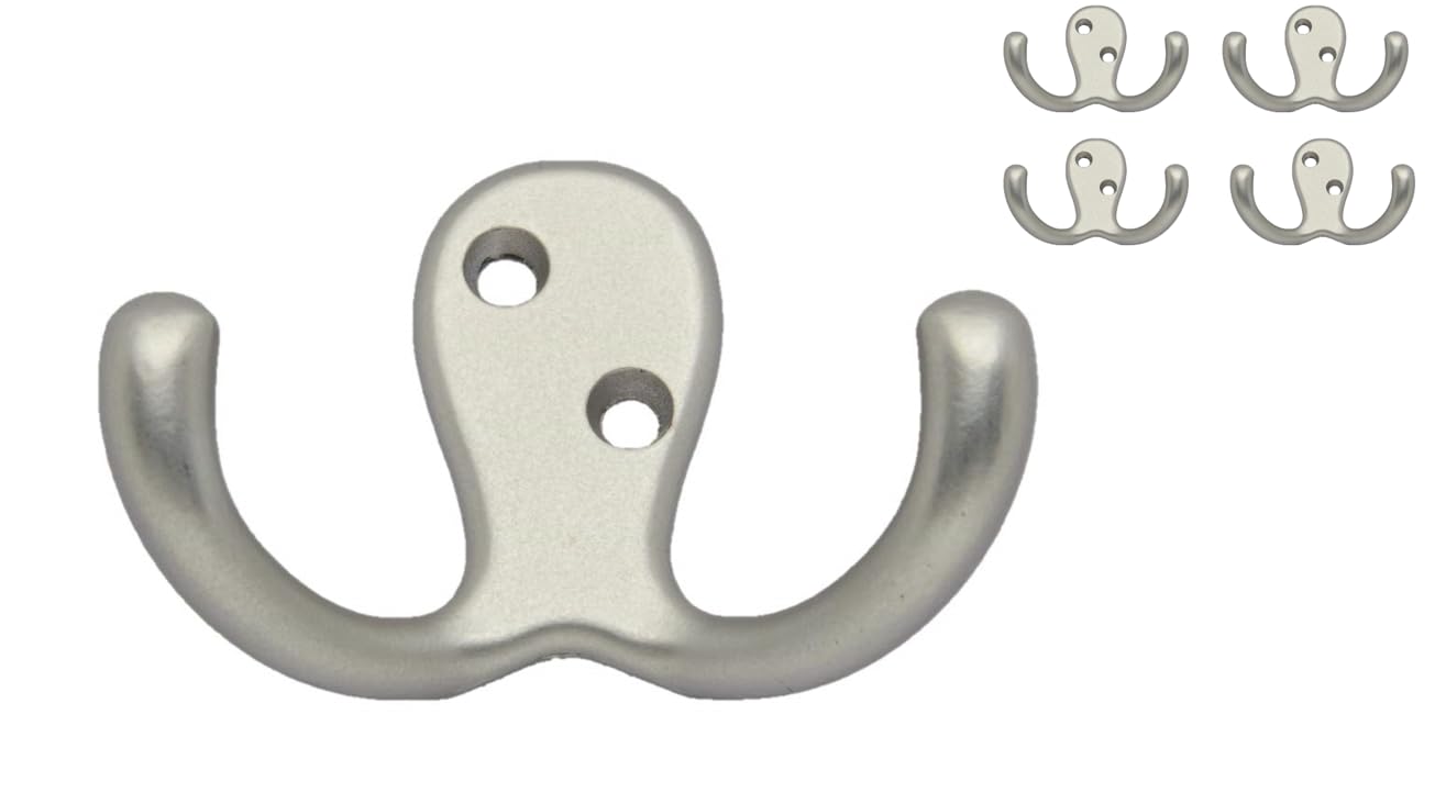 QCAA Double Robe Hook, 2-3/4", Zinc Die Cast, Satin Matte Nickel, Made in Taiwan, 5 Pack