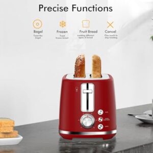 2 Slice Toaster with Extra Wide Slots & Removable Crumb Tray - 6 Browning Options, Auto Shut Off & Frozen Function, Toast Fruit Bread, Bagel & Waffle, Red