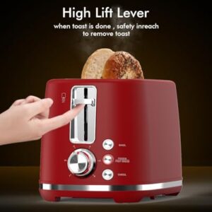 2 Slice Toaster with Extra Wide Slots & Removable Crumb Tray - 6 Browning Options, Auto Shut Off & Frozen Function, Toast Fruit Bread, Bagel & Waffle, Red