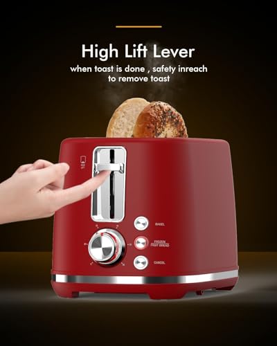 2 Slice Toaster with Extra Wide Slots & Removable Crumb Tray - 6 Browning Options, Auto Shut Off & Frozen Function, Toast Fruit Bread, Bagel & Waffle, Red