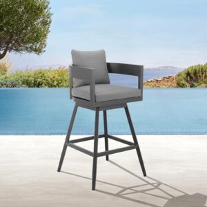 Menorca Outdoor Patio Swivel Counter Stool in Aluminum with Gray Cushions