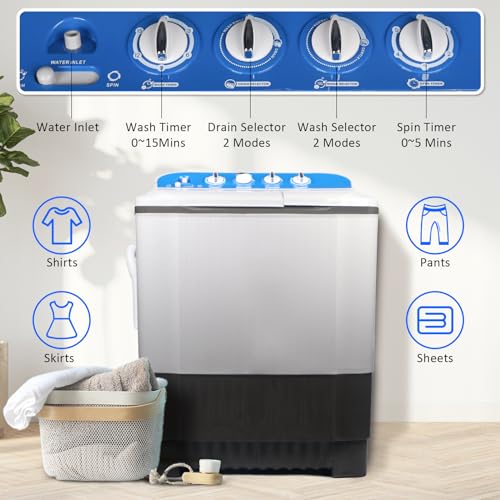 JANREAY Portable Washing Machine 32lbs Portable Washer and Dryer, Washer(22Lbs) and Spinner(10Lbs) Cycle Combo 2 In 1 Mini Twin Tub Washing Machine for Apartments, Dorms, Camping and More Grey