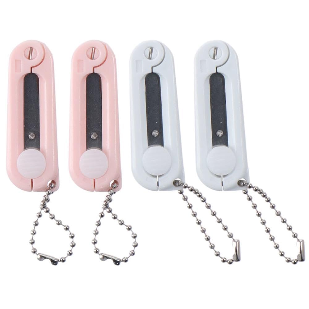 Uniquer 4 PCS Folding Scissors 2.5inch Mini Portable Craft Scissors Pink and White Travel Scissors Foldable Telescopic Pocket Scissor with Hanging Keychain for DIY Scrapbooking, Crafting, Sewing