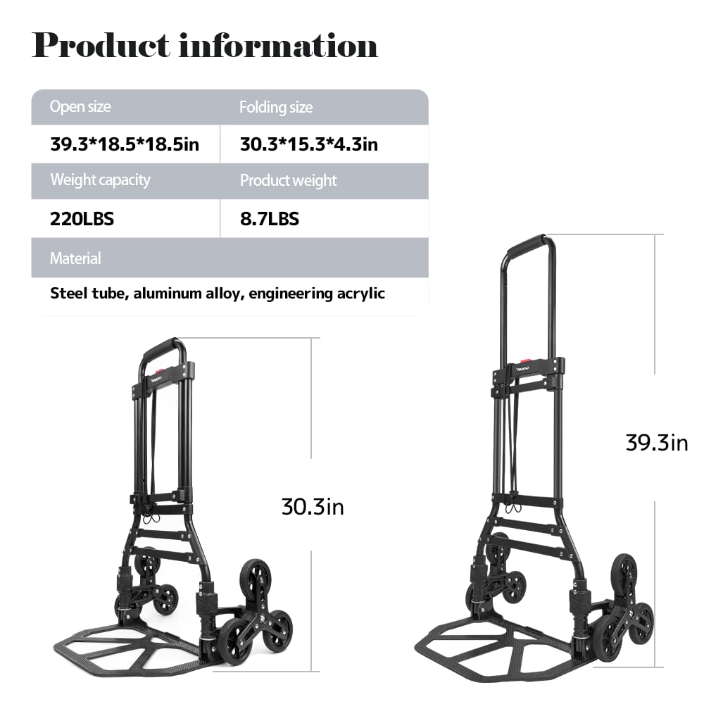 RJTEK【Material upgrading】 Stair Climber Hand Truck and Dolly, 220 Lb Capacity Stair Climbing cart Heavy-Duty Trolley Cart Heavy-Duty Luggage cart Stair Dolly Lightweight with Telescoping Handle Black