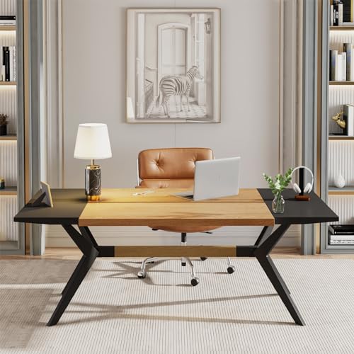 LITTLE TREE 63" W Executive Desk, Extra Sturdy Thickened Wooden Workstation Study Desk Computer Desk Large Home Office Writing Desk for Home Office