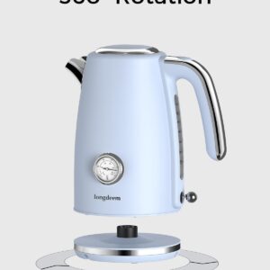 LONGDEEM Electric Kettle Quick Heating, Hot Tea Water Boiler with Thermometer 1.7L Stainless Steel Cordless LED Indicator 1500W, Auto Shut-Off & Boil Dry Protection, Easy to Clean, Blue