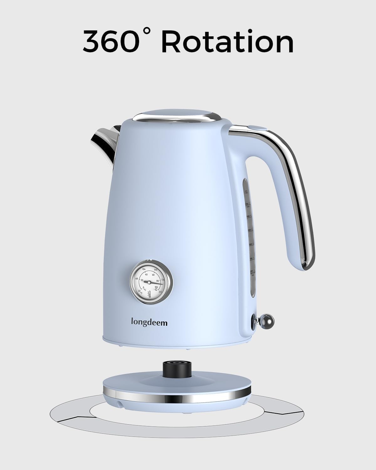 LONGDEEM Electric Kettle Quick Heating, Hot Tea Water Boiler with Thermometer 1.7L Stainless Steel Cordless LED Indicator 1500W, Auto Shut-Off & Boil Dry Protection, Easy to Clean, Blue