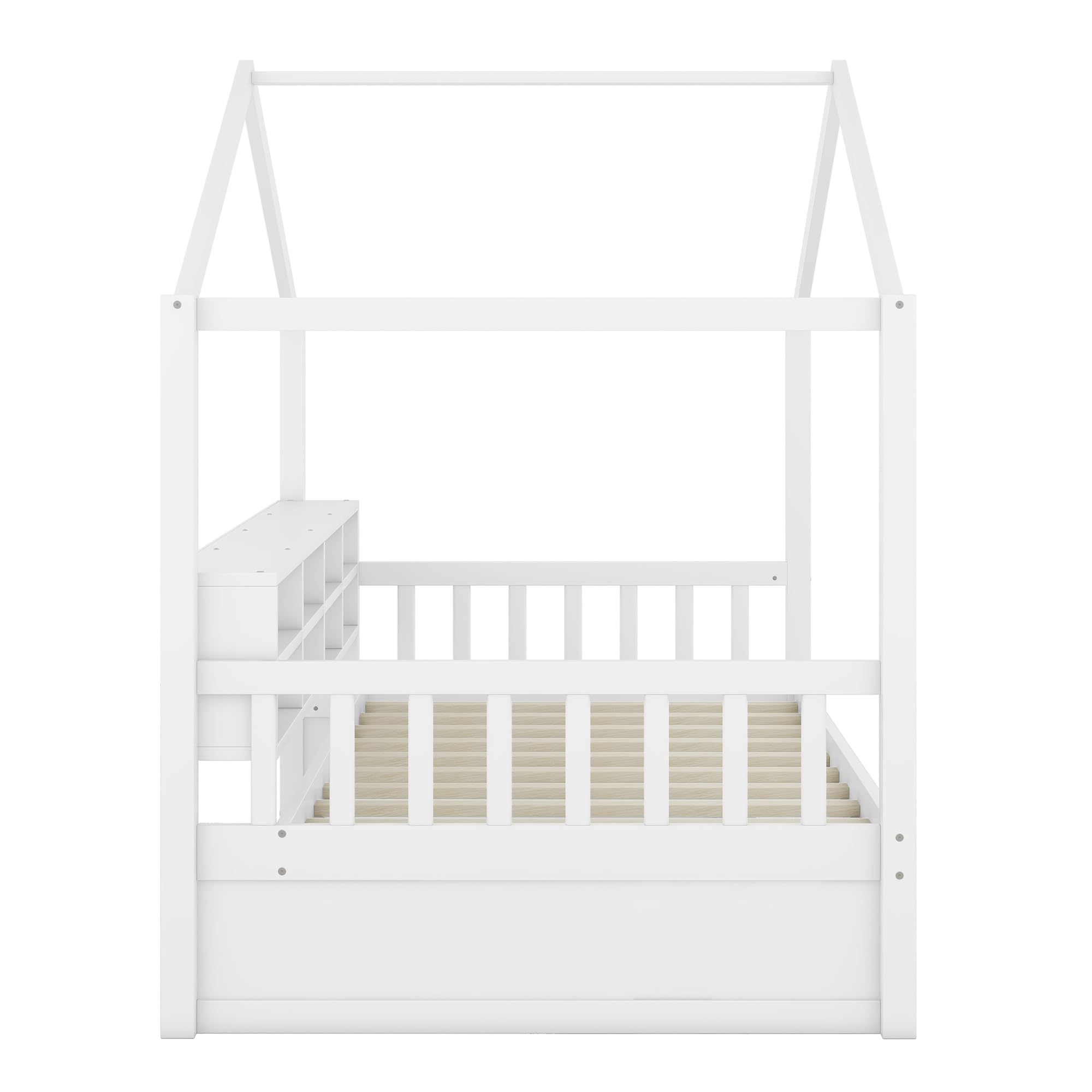 VilroCaz Twin Size House Bed with Shelves and a Mini-Cabinet, Wood Kids Platform Bed Frame with Sturdy Slats Support, Playhouse Design Daybed for Kids Teens Girls Boys (White-3tw)