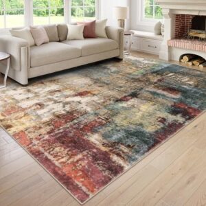 lahome modern abstract living room rug 8x10, washable rugs 8x10 area rug for bedroom stain resistant non slip, large red soft indoor accent carpet for dining room table home decor