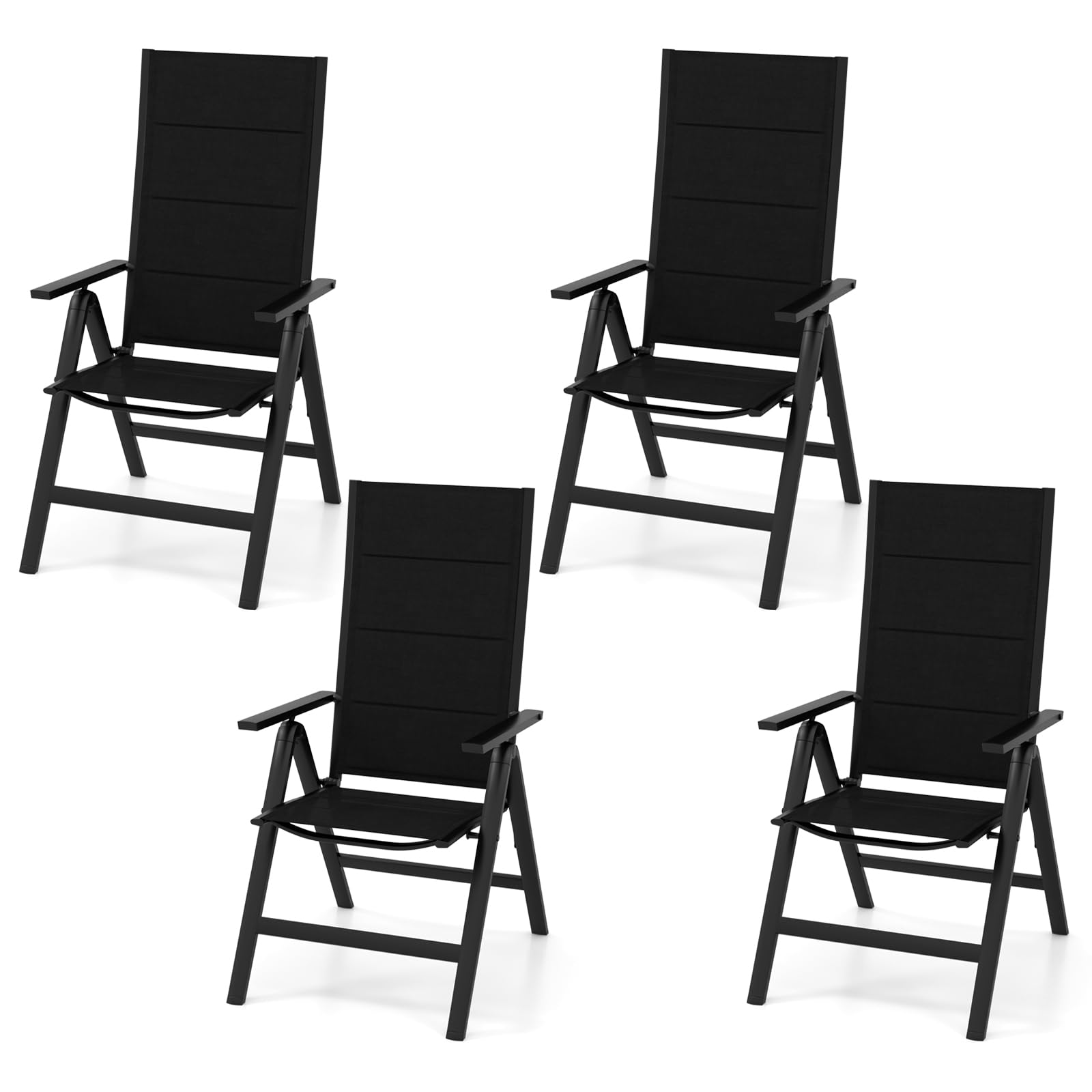 Tangkula Patio Folding Chair Set of 4, Outdoor Dining Chairs with Soft Padded Seat, 7-Position Adjustable Backrest, Armrests, Portable Sling Reclining Chairs for Porch Pool Backyard Camping (4, Black)