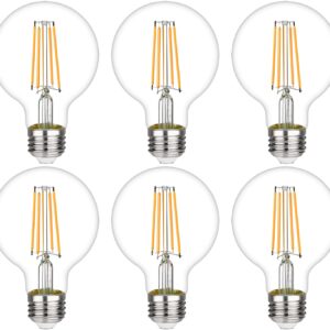 LiEiDi G25 LED Edison Vanity Globe Light Bulbs, LED Filament Light Bulb, 6W Equivalent to 60W, G80 Dimmable 700LM E26 Medium Base, Bathroom Vanity Mirror Light Pack of 6 (Clear 2700K).