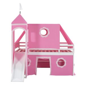 Harper & Bright Designs House Loft Bed with Slide and Tent, Full Size Loft Bunk Bed with Tower and Ladders, Wood Bunk Bed with Slide, Playhouse Bed Frame for Kids, Teens, Boys & Girls (Full, Pink)