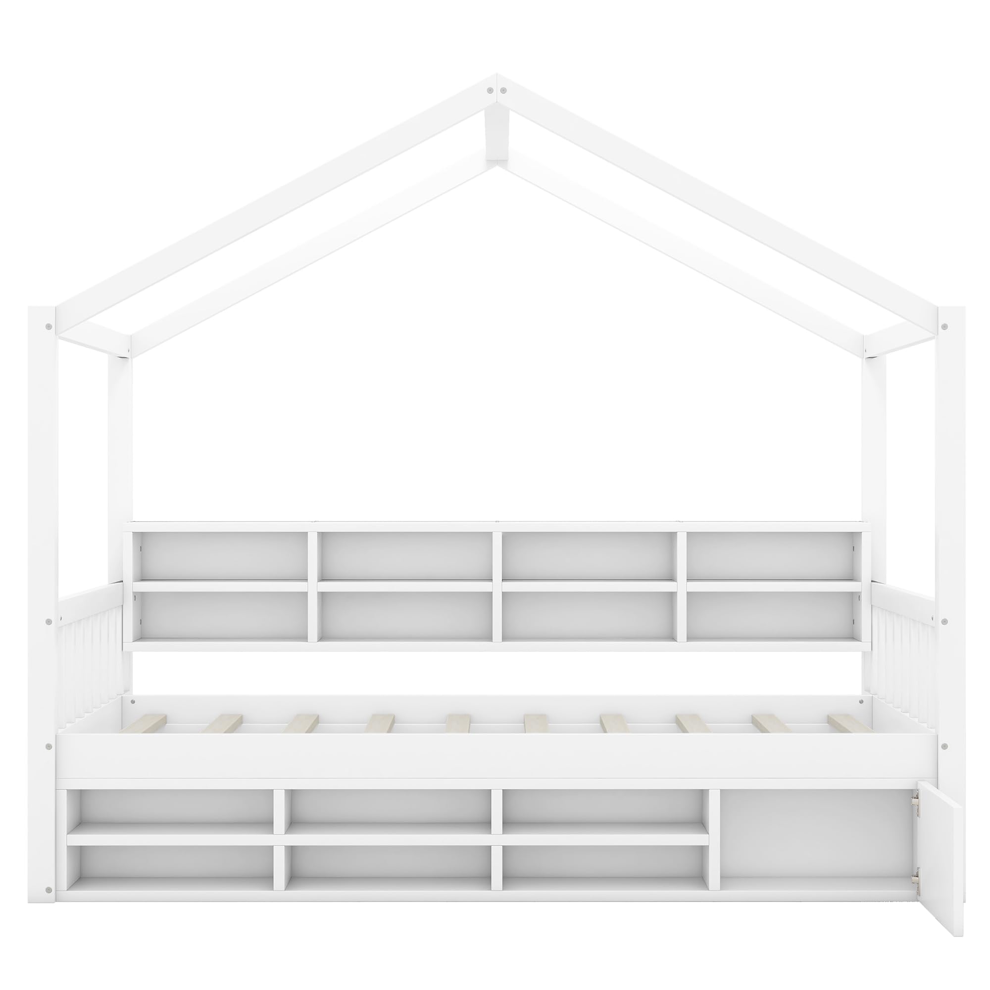 VilroCaz Twin Size House Bed with Shelves and a Mini-Cabinet, Wood Kids Platform Bed Frame with Sturdy Slats Support, Playhouse Design Daybed for Kids Teens Girls Boys (White-3tw)