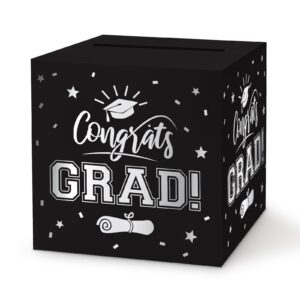 likajon 1 pack black and silver foil graduation card box, 8.7" black gift card box holder money box, congrats grad foldable cardboard decorations box for graduation party decoration and grad parties