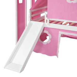 Harper & Bright Designs House Loft Bed with Slide and Tent, Full Size Loft Bunk Bed with Tower and Ladders, Wood Bunk Bed with Slide, Playhouse Bed Frame for Kids, Teens, Boys & Girls (Full, Pink)