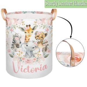 Personalized Laundry Basket, Custom Gift Laundry Hamper, Collapsible Nursery Waterproof Laundry Baskets, Dirty Clothes Toy Hamper with Handles Jungle Safari Blush Floral