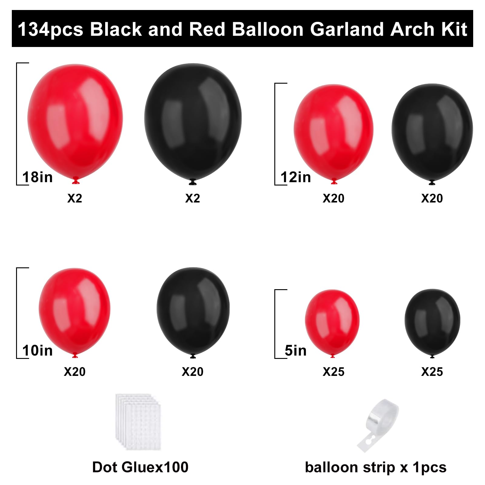 Red Black Balloons Garland Arch Kit, 134pcs Black and Red Party Balloons with Different Size for Graduation, Birthday, Anniversary, BBQ Casino, New Year Party Decorations Supplies